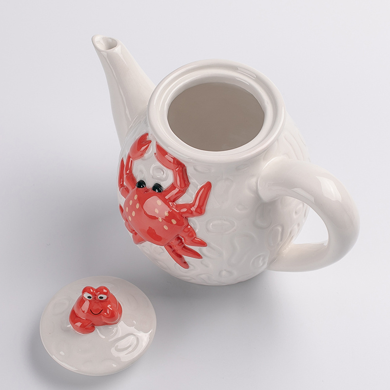 Red Crab Shape Ceramic Tea Coffee Pot, Hand made Embossed, Custom accept