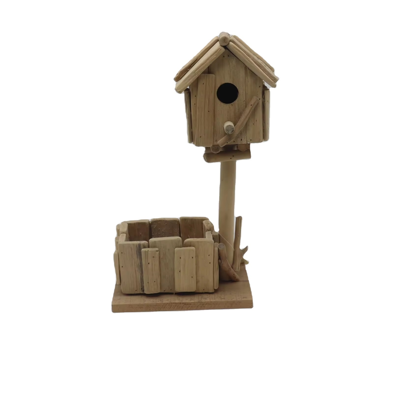 Wooden garden planters with bird house ,driftwood bird house wood  planter