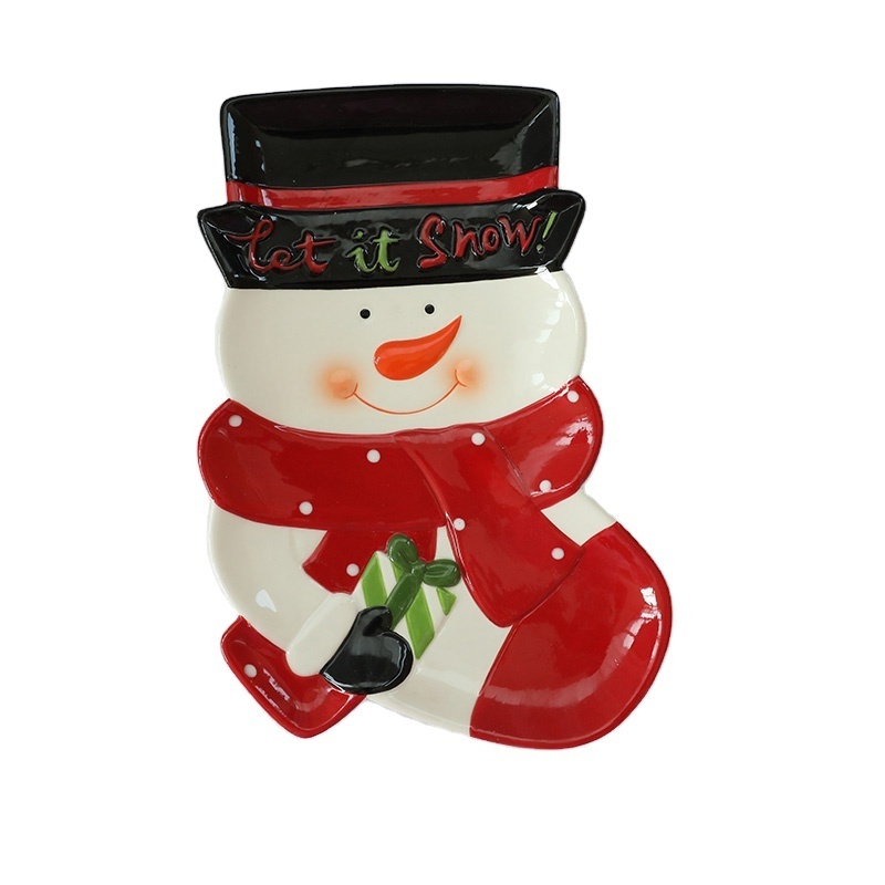 Hand painted Santa Hat Snowman Classic White 12 x 8 Ceramic Divided Plate Christmas Figurine