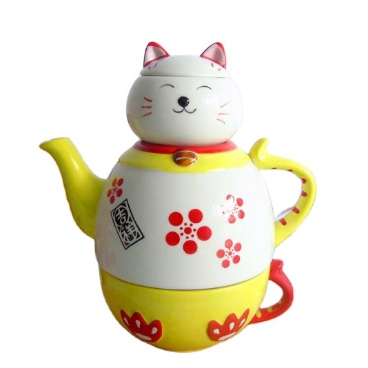 Lucky Cat shape teapot and cup in one ,ceramic one cup teapot custom