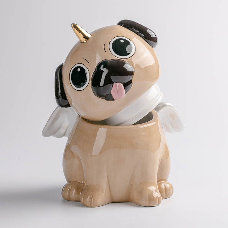 Kitchen Food storage Jar Cute Pug dog  12 inch Ceramic Handmade  Cookie container jar with Airtight lid