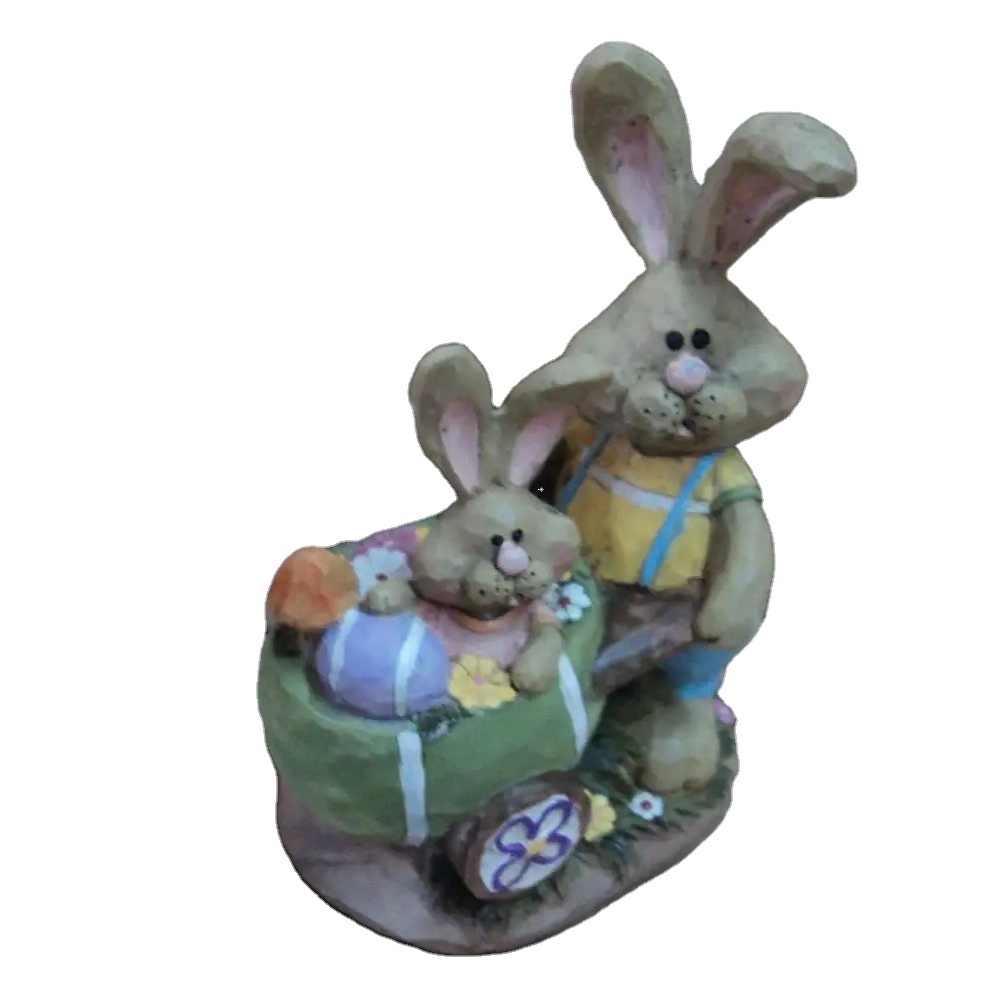 Resin Rabbits Father pushing a Stroller with Bunny baby figurine