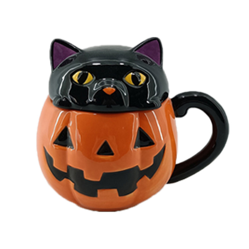 Custom Ceramic Hand-painted Halloween Coffee Mug Creative 3D Embossed Cat Pumpkin Ghost Skull Witch Monster Mugs for Halloween