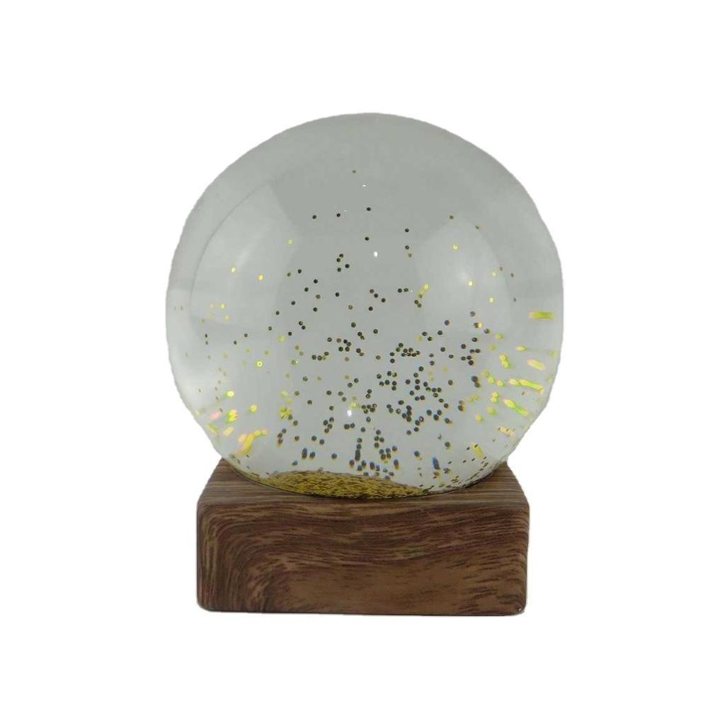 Custom Poly resin snow globe, Resin water globes with Wood base, Gold glitter