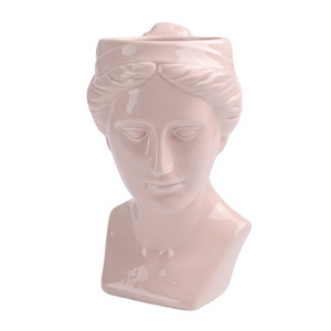 Greek/Roman Female Statue Head Planter in Distressed Pink, Cement Woman Face Pot for Indoor Outdoor, Flower Vase