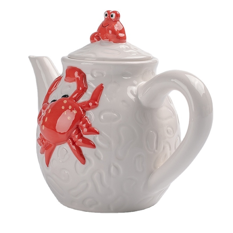 Red Crab Shape Ceramic Tea Coffee Pot, Hand made Embossed, Custom accept