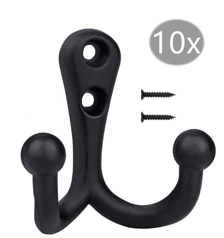 10 Counts Black Heavy Duty Double Prongs Wall Mounted Robe Scarf Bag Towel Key Hat Coats Hook