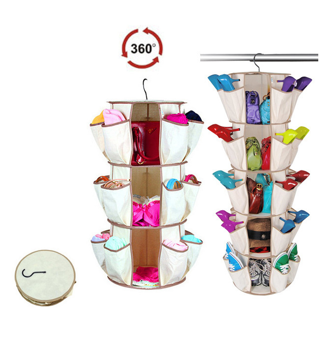 Tiered Collapsible Rotatable Multifunctional Carousel Hanging Shoe Handbag Purse Closet Storage Shelves Holder Organizer