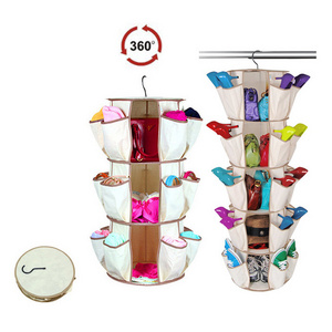 Tiered Collapsible Rotatable Multifunctional Carousel Hanging Shoe Handbag Purse Closet Storage Shelves Holder Organizer