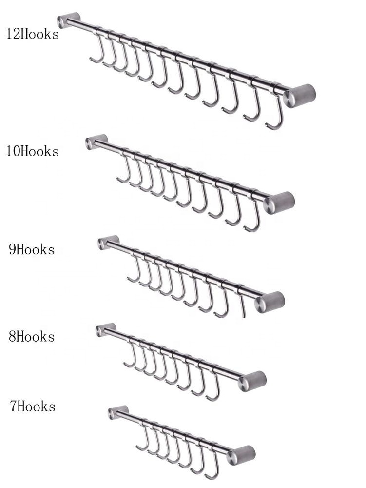 12 Removable Sliding Hooks SUS304 Stainless Steel Kitchen Wall Mounted Utensil Hanging Rail Bar Hanger Holder Rack