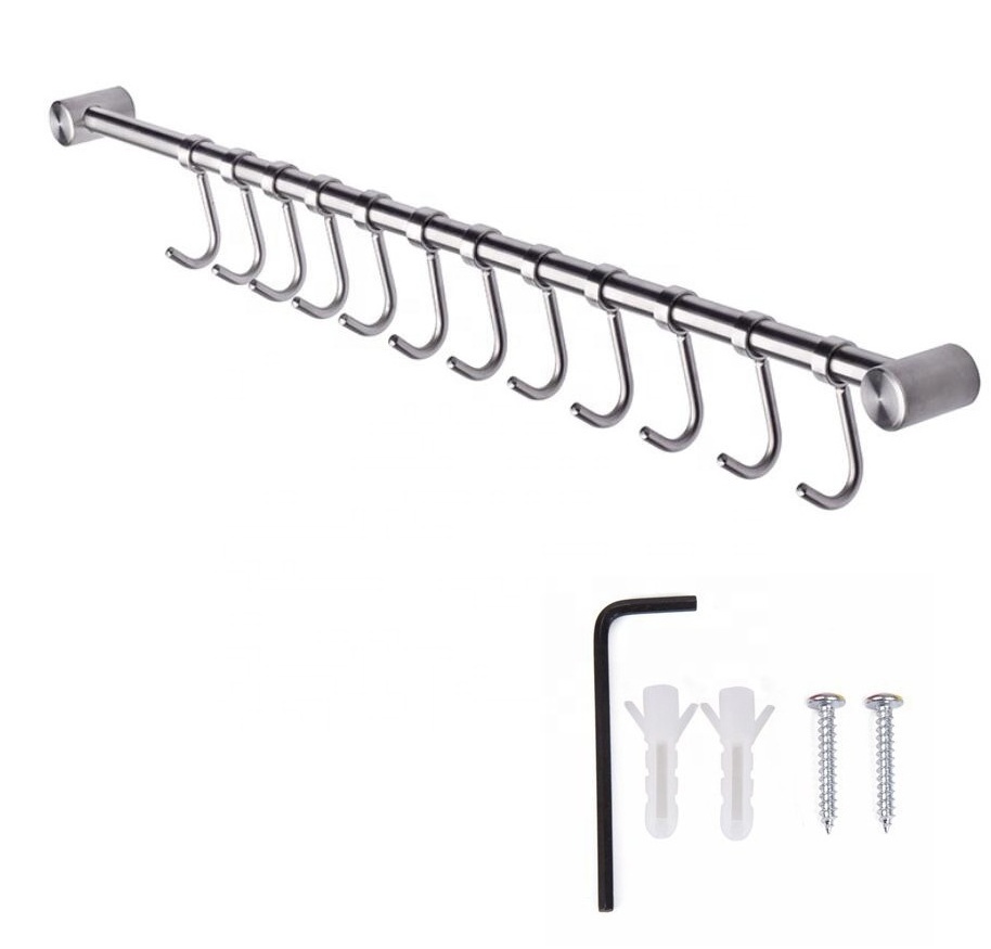 12 Removable Sliding Hooks SUS304 Stainless Steel Kitchen Wall Mounted Utensil Hanging Rail Bar Hanger Holder Rack