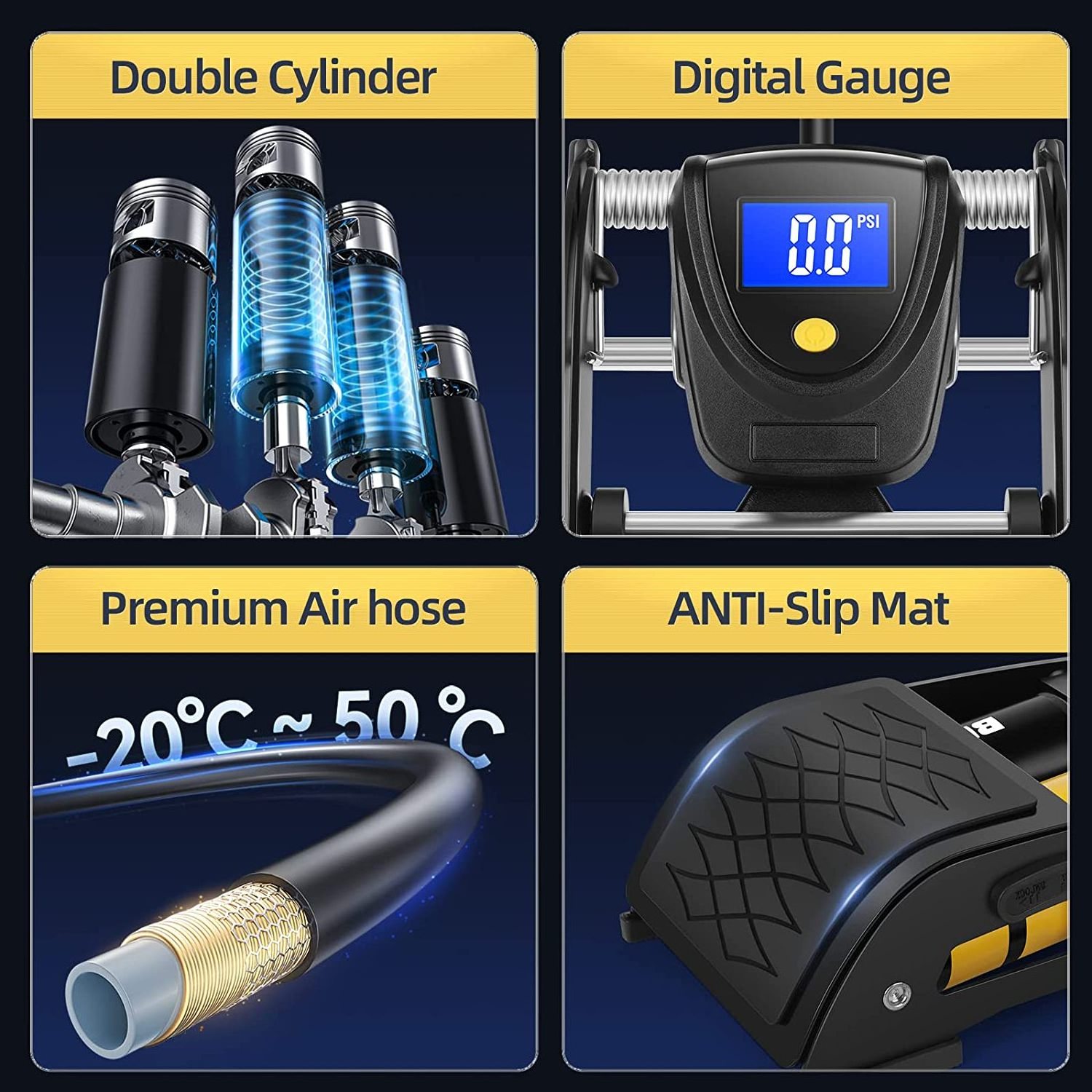 Digital Gauge Display Portable Double Barrel Cylinder 160PSI Bike Motorcycle Car Floor Foot Tire Air Pump Inflator