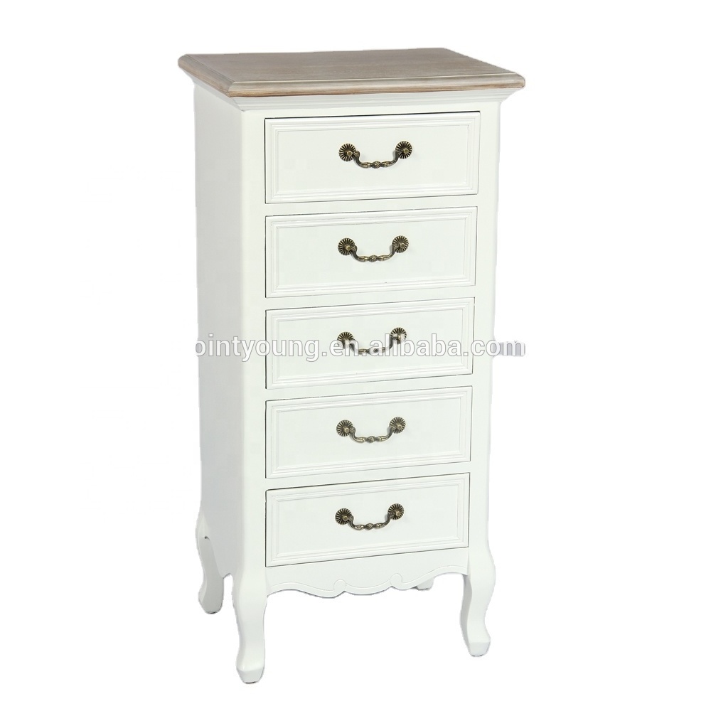 French Vintage White Tall Chest of 5 Drawers