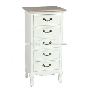 French Vintage White Tall Chest of 5 Drawers