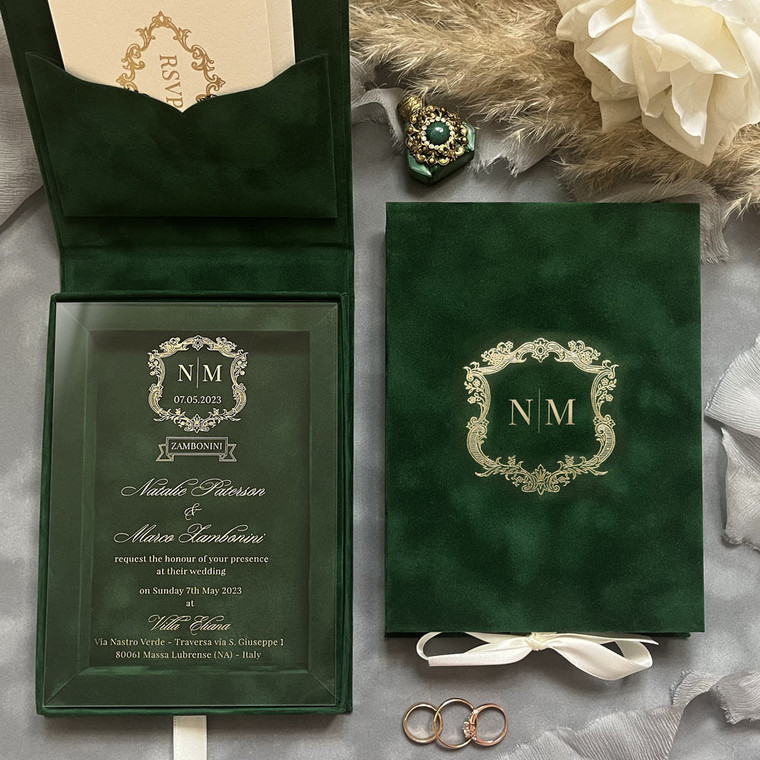 custom luxury Emerald Green Velvet Acrylic Invitations card vellum paper printing Weddings gift box