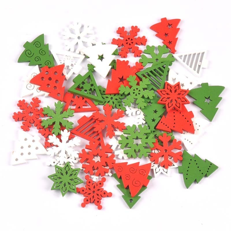 50pcs Wood Christmas Ornaments Mini Size Snowflakes Christmas Tree Shaped red white green custom diy Xmas decoration