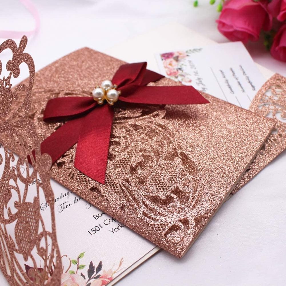 bridal shower invitation card 250GSM Gold Glitter paper Engagement Birthday Quinceanera Wedding Invitations with RSVP Cards