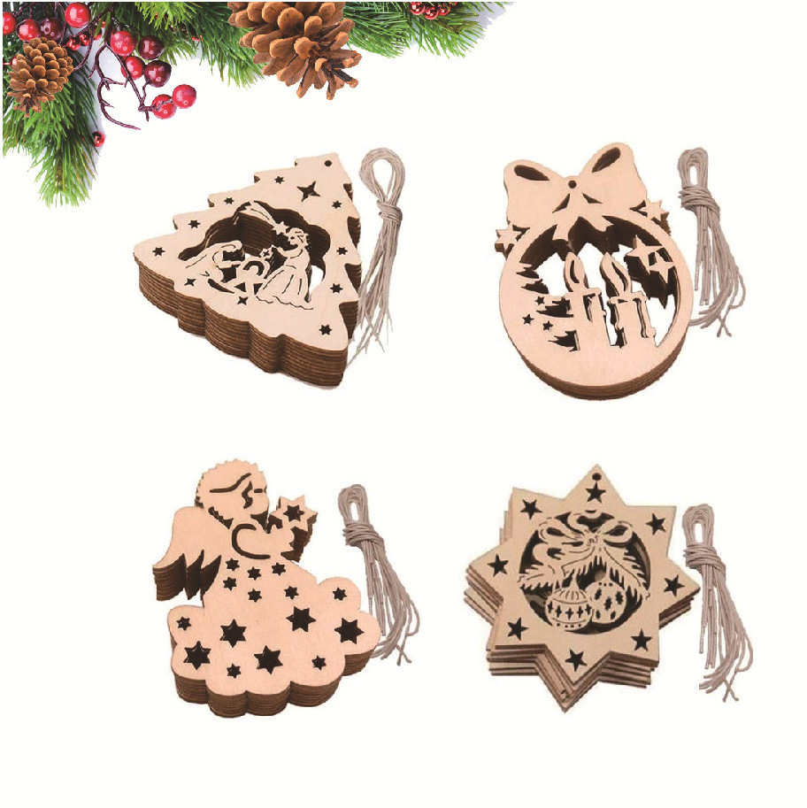 Elegant Christmas Party Decorations Wood Crafts DIY Christmas Tree Ornament Wooden Angel Star Patterns Hanging Decoration