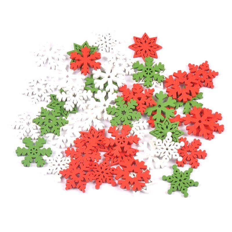 50pcs Wood Christmas Ornaments Mini Size Snowflakes Christmas Tree Shaped red white green custom diy Xmas decoration