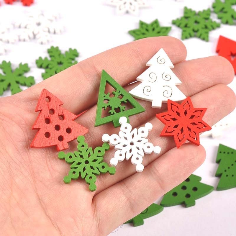 50pcs Wood Christmas Ornaments Mini Size Snowflakes Christmas Tree Shaped red white green custom diy Xmas decoration