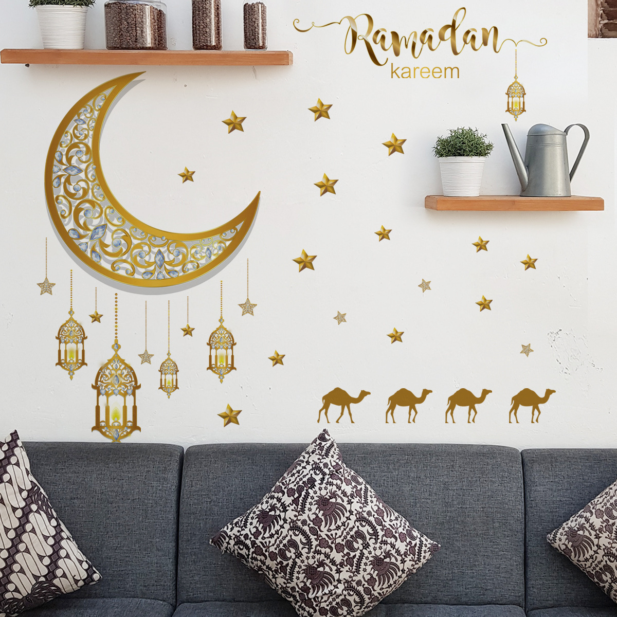 Eid Mubarak Wall Stickers Moon Star Lantern Wall Decal Ramadan Decoration for Home 2023 Islamic Muslim Castle Mural Party Decor