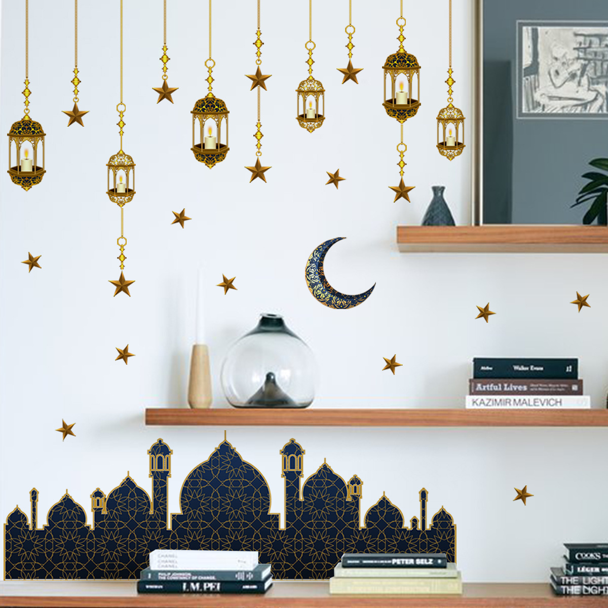 Eid Mubarak Wall Stickers Moon Star Lantern Wall Decal Ramadan Decoration for Home 2023 Islamic Muslim Castle Mural Party Decor