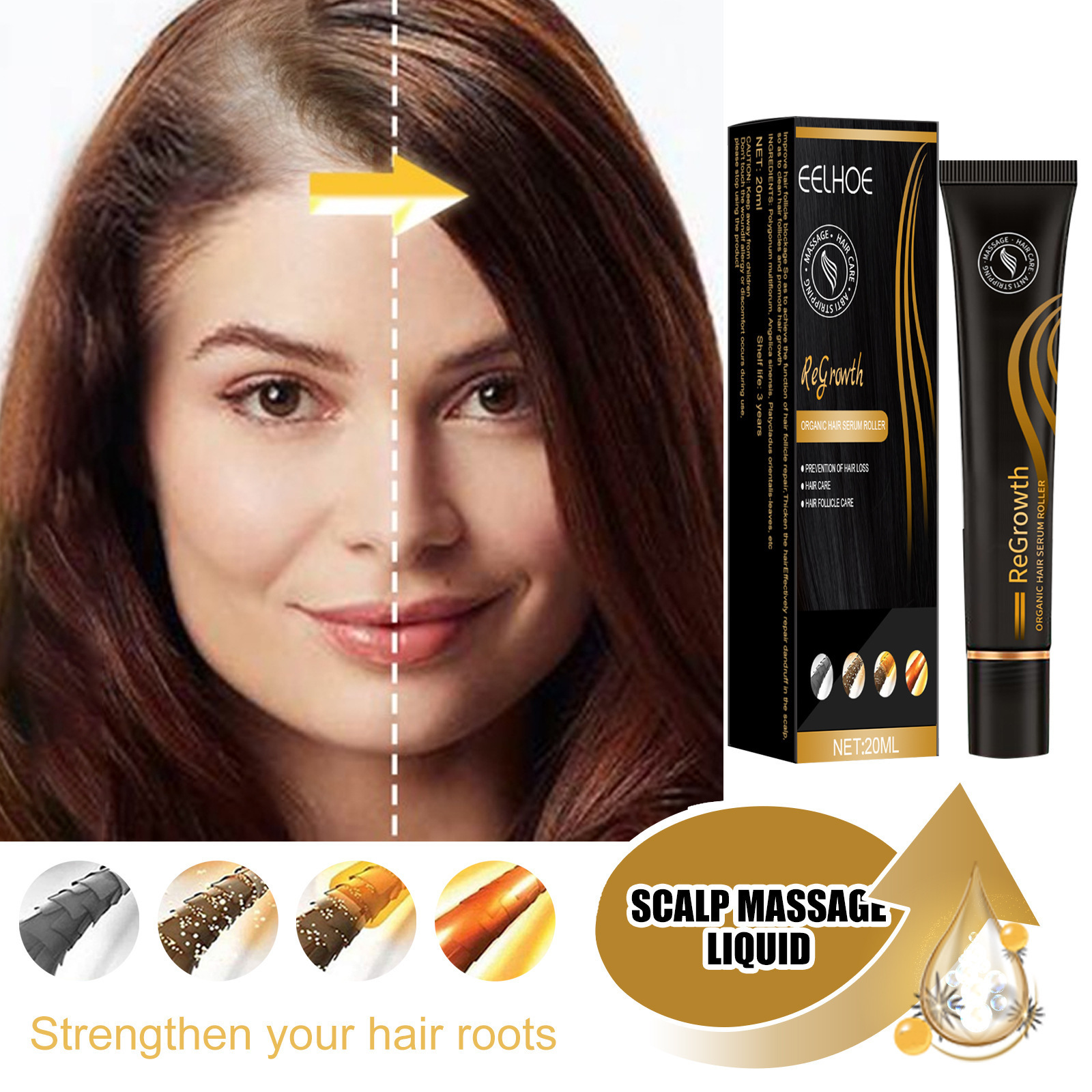 EELHOE  New Fashion Useful Regrowth Organic Hair Serum Roller Set Rolling Ball Massage growth hair oil