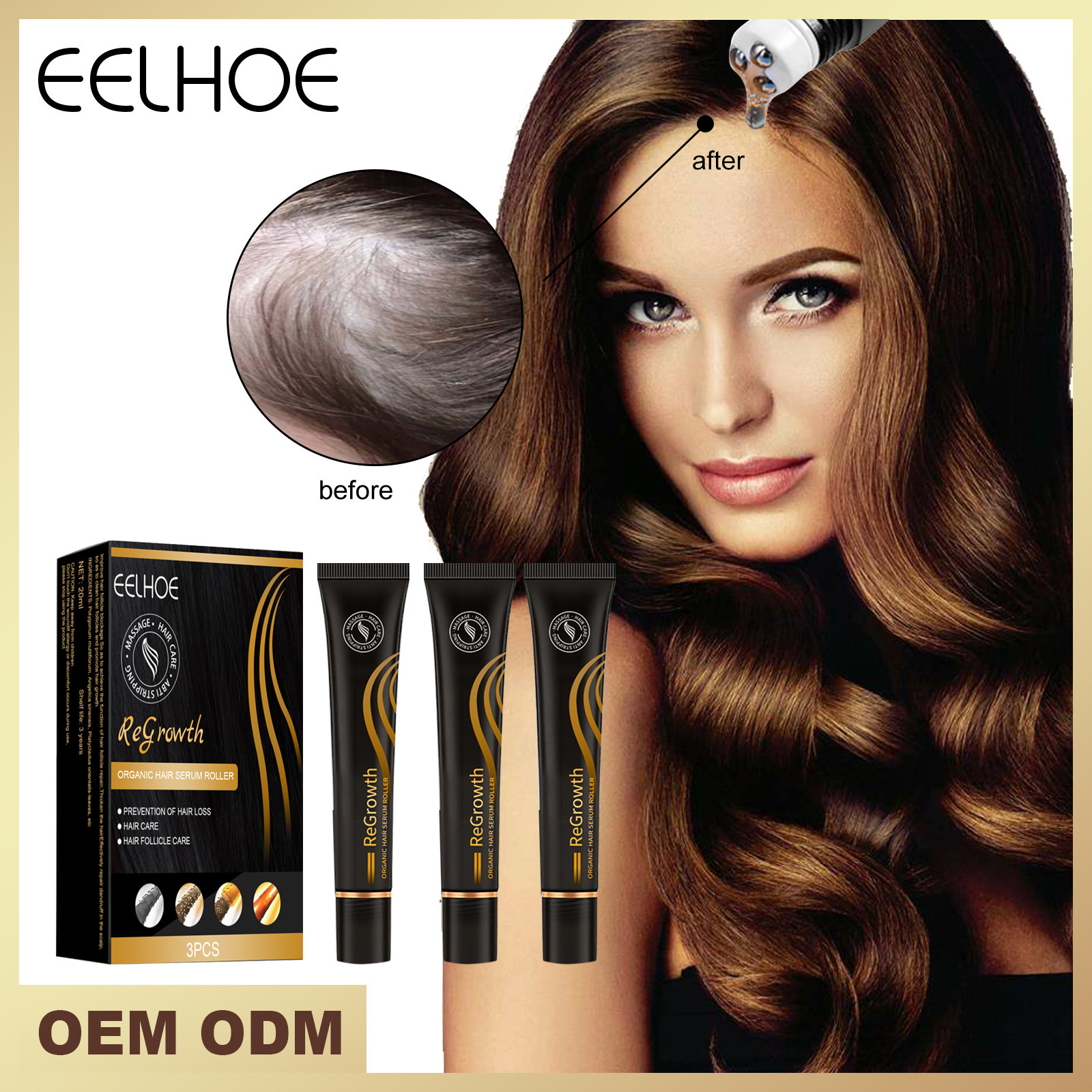 EELHOE  New Fashion Useful Regrowth Organic Hair Serum Roller Set Rolling Ball Massage growth hair oil