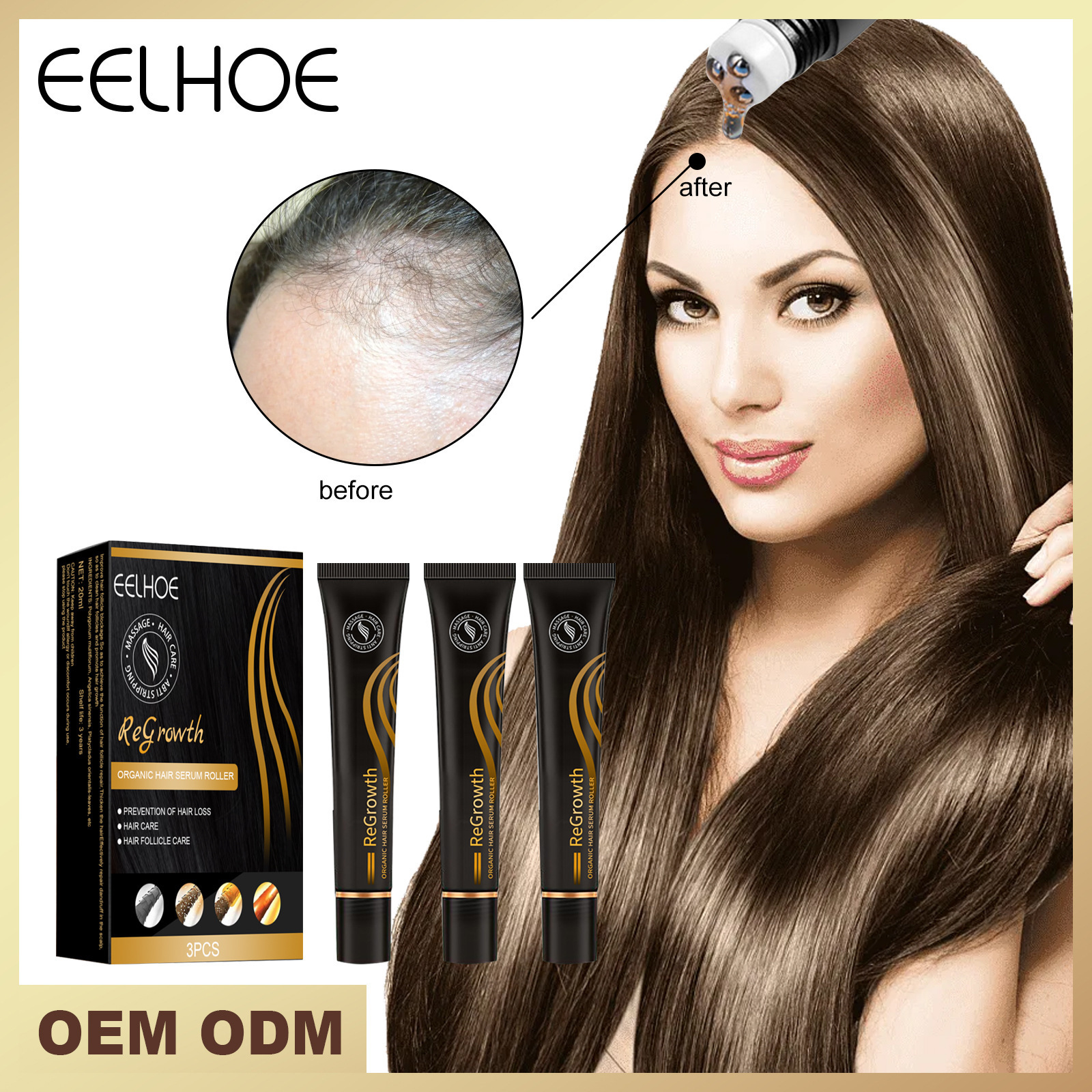 EELHOE  New Fashion Useful Regrowth Organic Hair Serum Roller Set Rolling Ball Massage growth hair oil