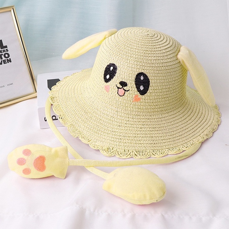 Wholesale Spring summer kids cartoon animal hats with moving ears paper straw children's straw hat