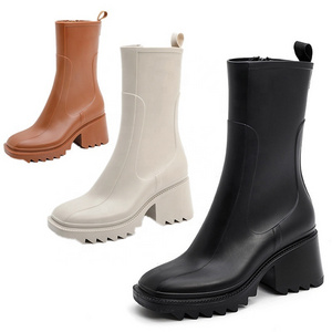 Wholesale Custom Famous Brand High Heel Pure Color Clear Fashion Rain Boots With Zipper For Women