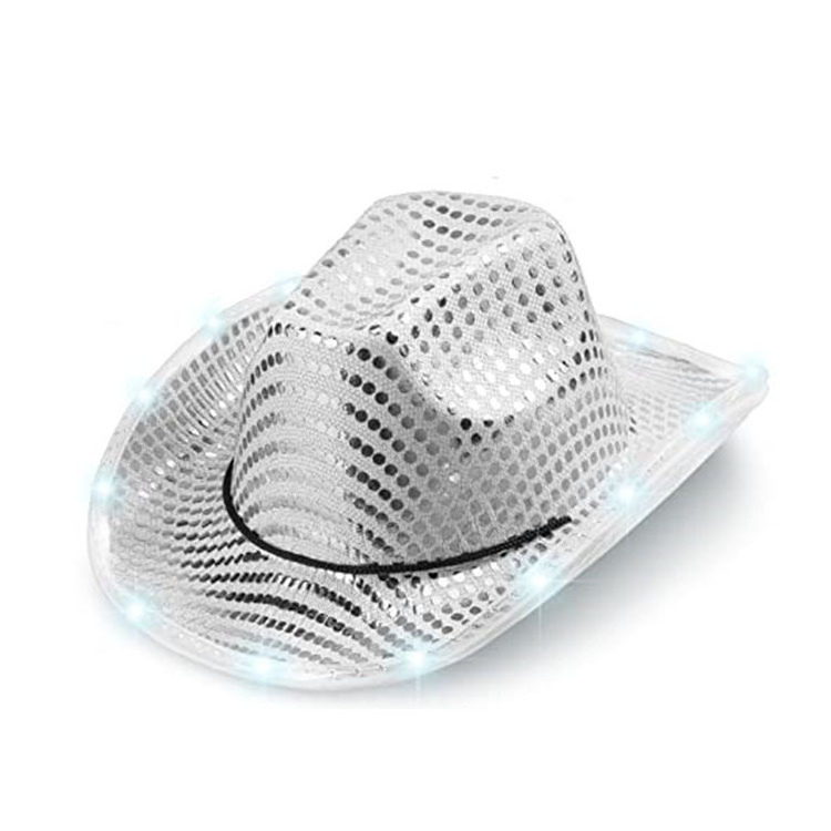 2023 New Fashion Wholesale White Pink Women Sequins Flashing Blink Lights Led Light Up Cowboy Hats