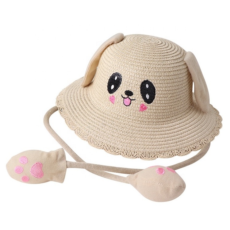 Wholesale Spring summer kids cartoon animal hats with moving ears paper straw children's straw hat