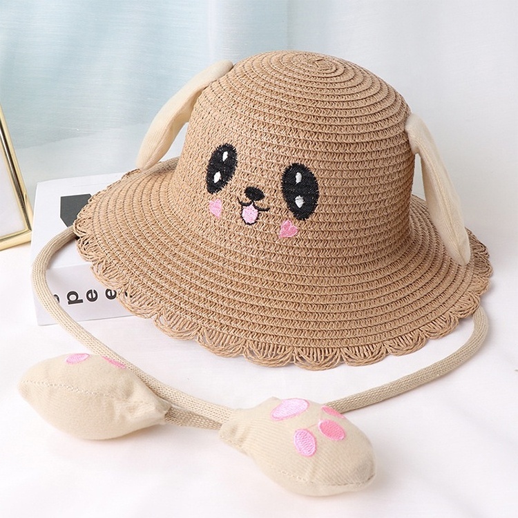 Wholesale Spring summer kids cartoon animal hats with moving ears paper straw children's straw hat