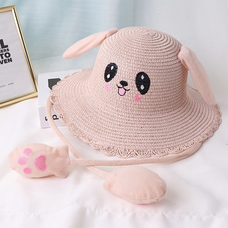 Wholesale Spring summer kids cartoon animal hats with moving ears paper straw children's straw hat