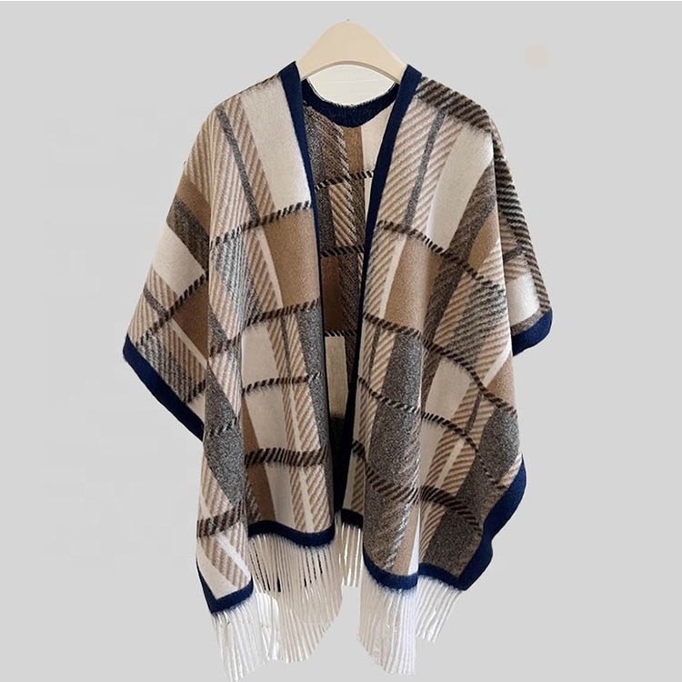 Wholesale fashion woven comfortable plaid blanket shawl for winter checkered shawls ponchos for women