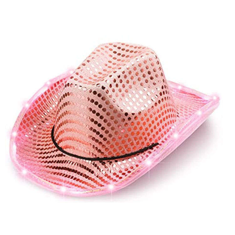 2023 New Fashion Wholesale White Pink Women Sequins Flashing Blink Lights Led Light Up Cowboy Hats