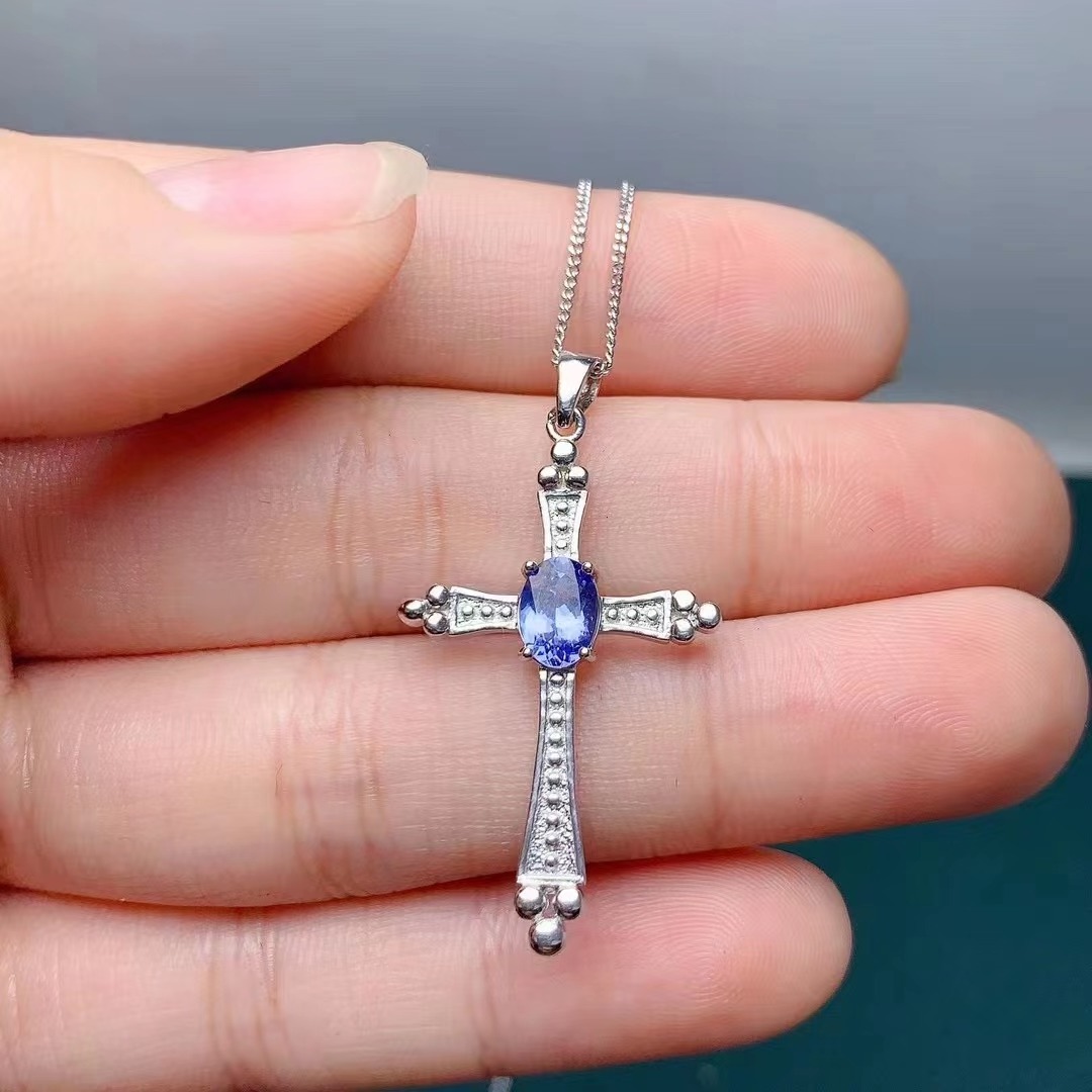 Wholesale Fashion New Design Natural Tanzanite Women Cross Pendant Necklace Jewelry