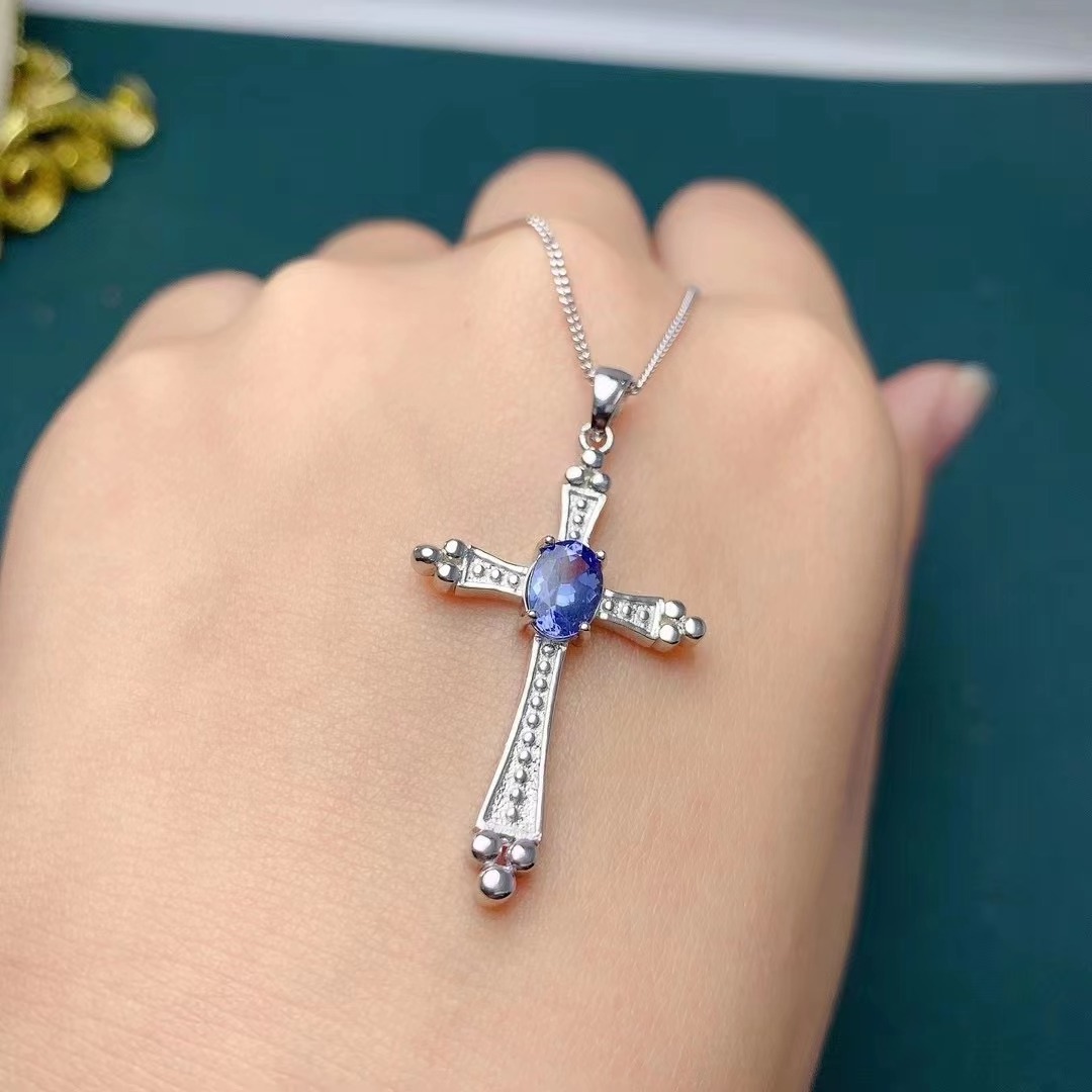 Wholesale Fashion New Design Natural Tanzanite Women Cross Pendant Necklace Jewelry