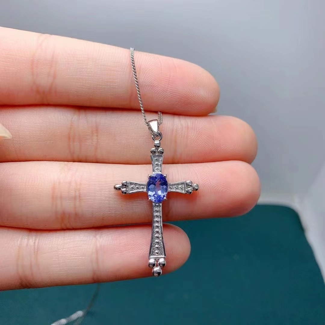 Wholesale Fashion New Design Natural Tanzanite Women Cross Pendant Necklace Jewelry