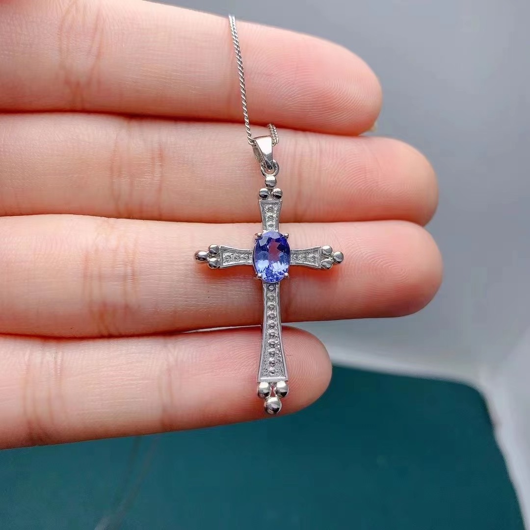 Wholesale Fashion New Design Natural Tanzanite Women Cross Pendant Necklace Jewelry