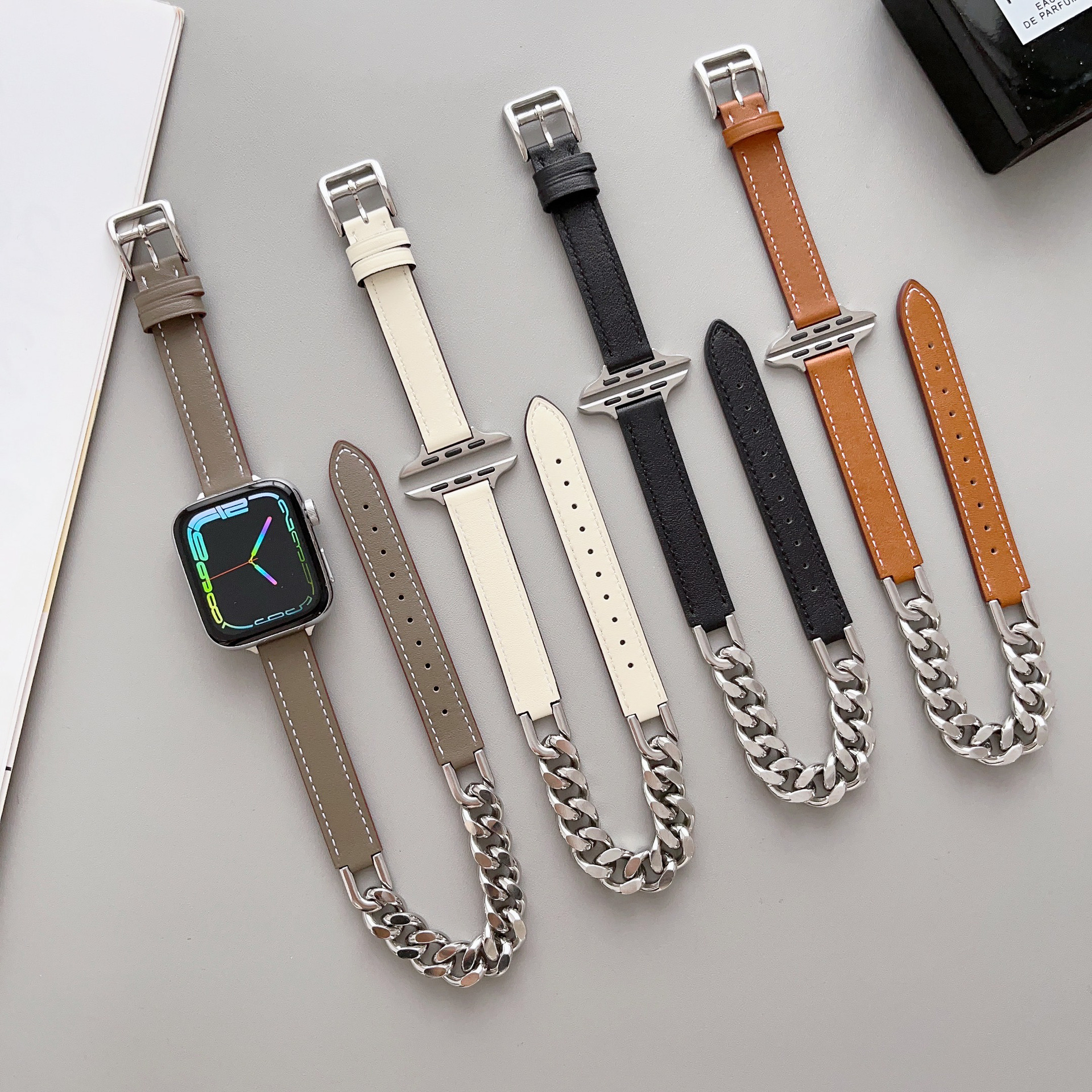 14mm Silm thin Genuine leather watch bands with single stainless steel link for apple watch ultra leather straps 44/45mm 38/40mm