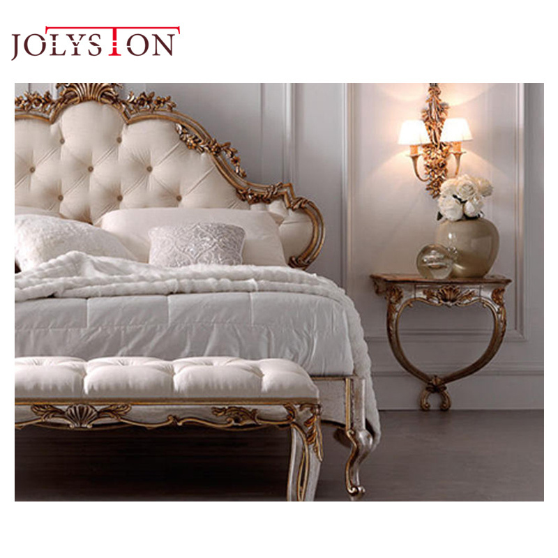 Luxury classic rococo french bed wooden frame leather double bed set for bedroom furniture