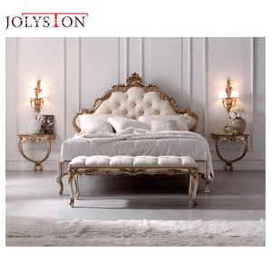 Luxury classic rococo french bed wooden frame leather double bed set for bedroom furniture