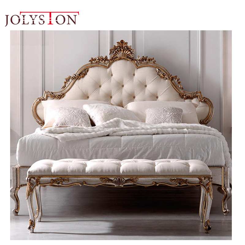 Luxury classic rococo french bed wooden frame leather double bed set for bedroom furniture