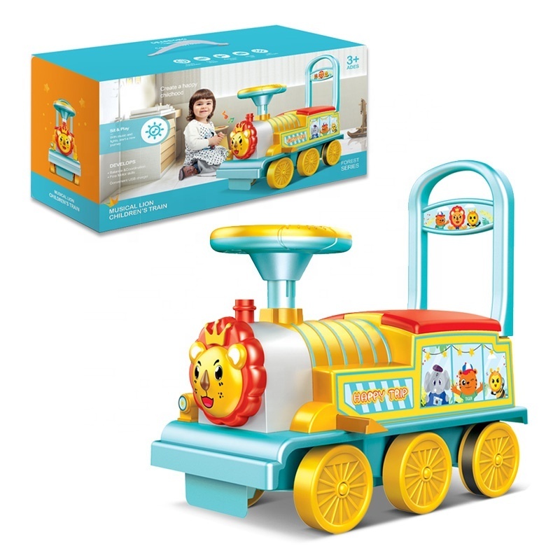 Musical cartoon lion sliding children car toddler trolley ride on toy train for kids