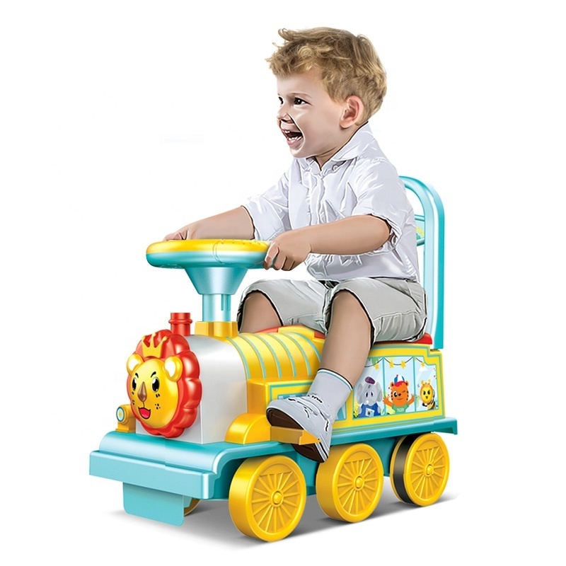 Musical cartoon lion sliding children car toddler trolley ride on toy train for kids