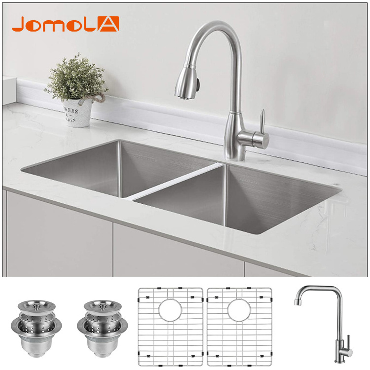 Modern CUPC Stainless steel 304 16 gauge double bowl kitchen handmade sink free standing marble vanity ceramic art basin sink