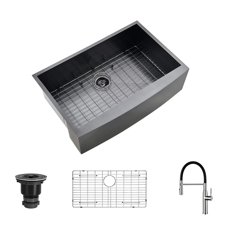 High-quality 33 inch black stainless steel 304  apron front farm house single bowl kitchen sink  with pull down faucet