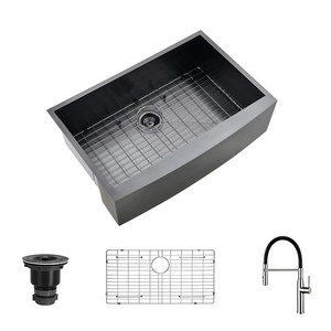 High-quality 33 inch black stainless steel 304  apron front farm house single bowl kitchen sink  with pull down faucet